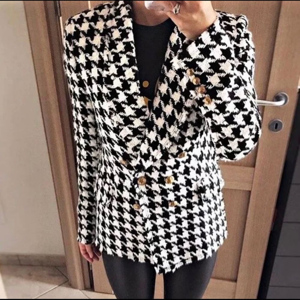 Zara Black White Houndstooth Blazer Jacket Large
